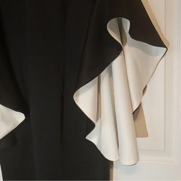 Midnight Velvet Black/ White Contrast Flare Bell Sleeve Sheath Dress Sz M - Picture 6 of 9